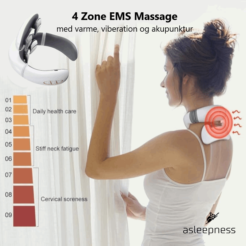 Nakkemassage og halsmassage i hvid med 4 zoner med varme, massage og viberation mod smerter og stress