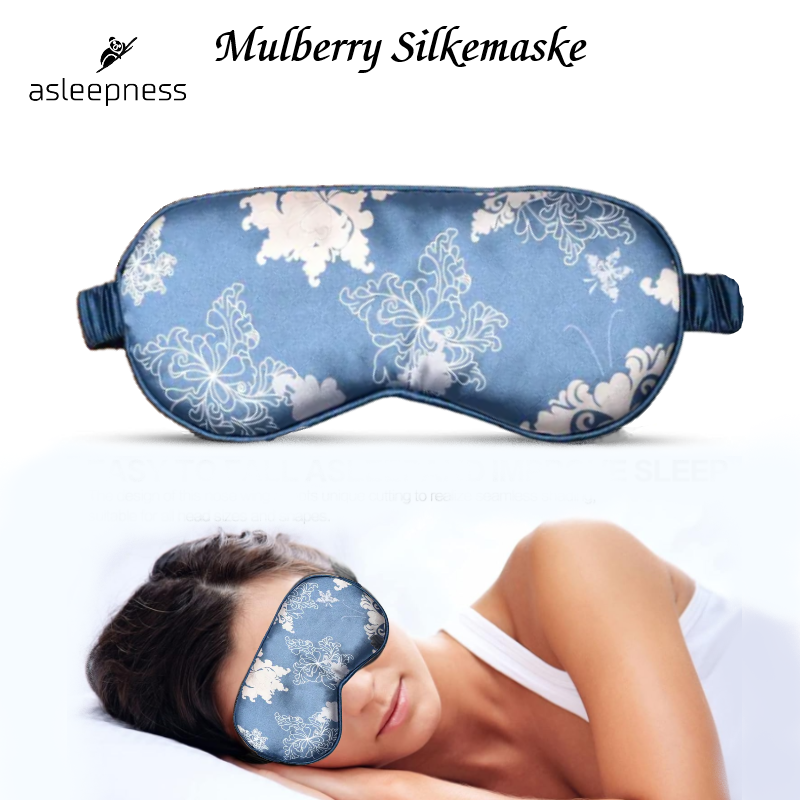 Silke sovemaske og øjenmaske i mulberry i blå med mønster