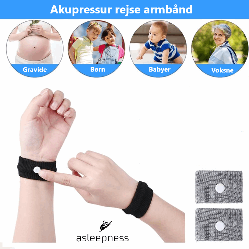 Praktisk Akupressur Rejse armbånd mod køresyge, kvalme og søsyge i grå og sort