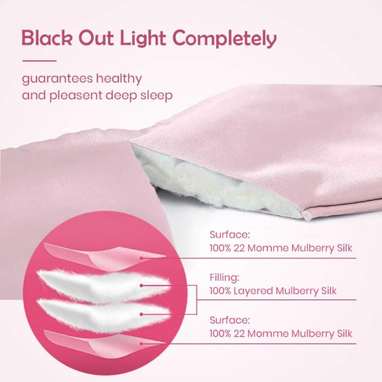 Sovemaske og silkemaske med 100% 22 Momme mulberry silke i pink og smukt design for mænd og kvinder.