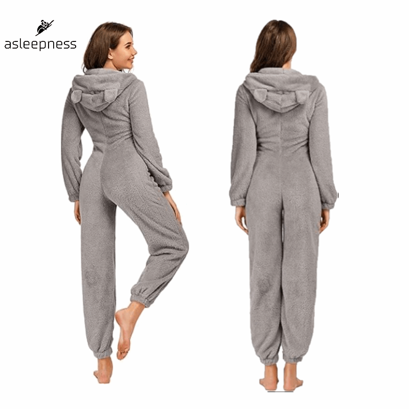 Grå jumpsuit heldragt, pyjamas, nattøj og fritidstøj i fleece med lange ærmer og hætte