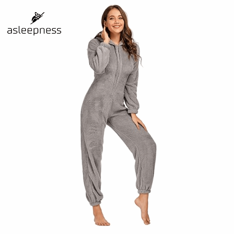 Komfortabelt Grå jumpsuit heldragt, pyjamas, nattøj og fritidstøj i fleece med lange ærmer og hætte