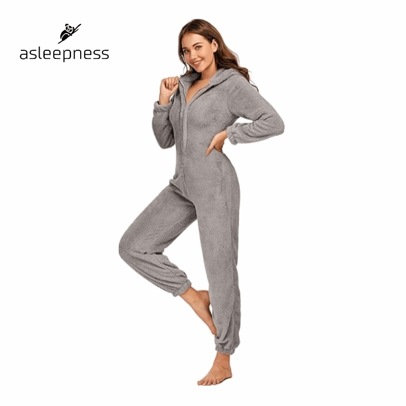 Lækre Grå jumpsuit heldragt, pyjamas, nattøj og fritidstøj i fleece med lange ærmer og hætte