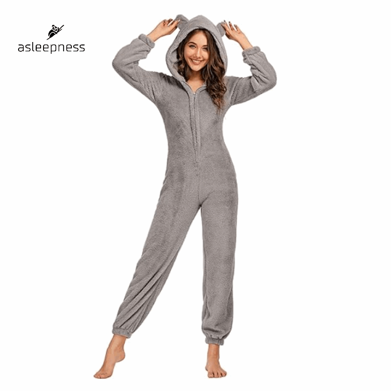 Grå jumpsuit heldragt, pyjamas, nattøj og fritidstøj i fleece med lange ærmer og hætte og bjørne øre