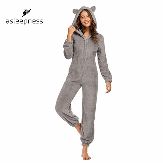 Ultra let Grå jumpsuit heldragt, pyjamas, nattøj og fritidstøj i fleece med lange ærmer og hætte