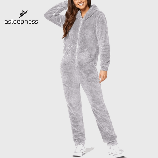 Smart Grå jumpsuit heldragt, pyjamas, nattøj og fritidstøj i fleece med lange ærmer og hætte