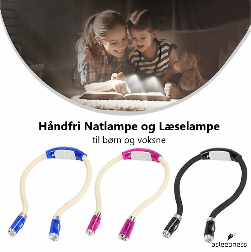 Natlampe og læselampe håndfri og med 4 led lys i farve pink, blå og sort.