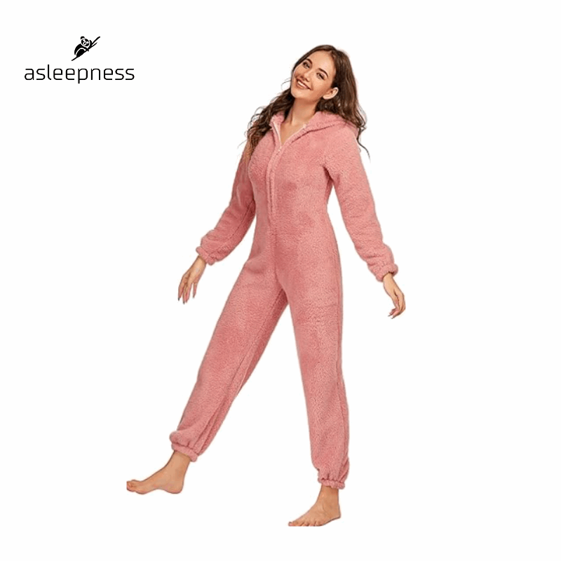 Behageligt Jumpsuit heldragt, pyjamas, nattøj og fritidstøj i pink lavet i fleece med lange ærmer og hætte