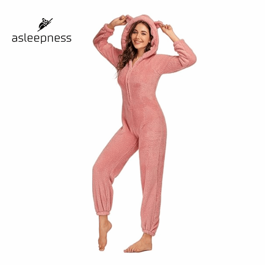 Ultra let Jumpsuit heldragt, pyjamas, nattøj og fritidstøj i pink lavet i fleece med lange ærmer og hætte