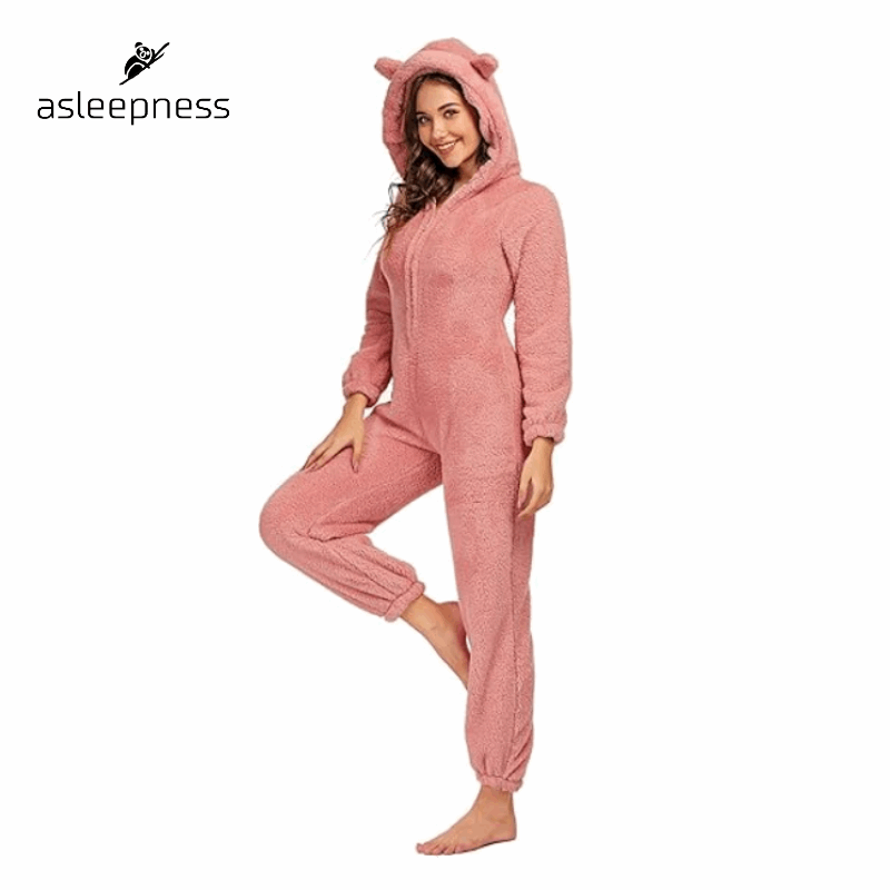 Komfortabelt Jumpsuit heldragt, pyjamas, nattøj og fritidstøj i pink lavet i fleece med lange ærmer og hætte