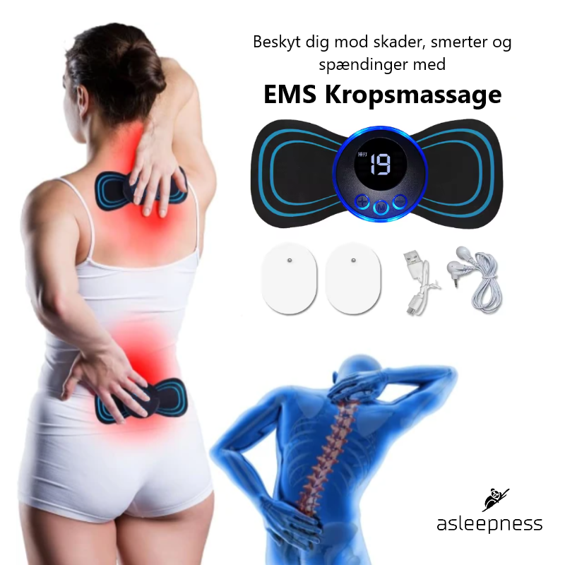 EMS Kropsmassage mod skader, smerter og stress med 3 elektroder og fjernbetjening