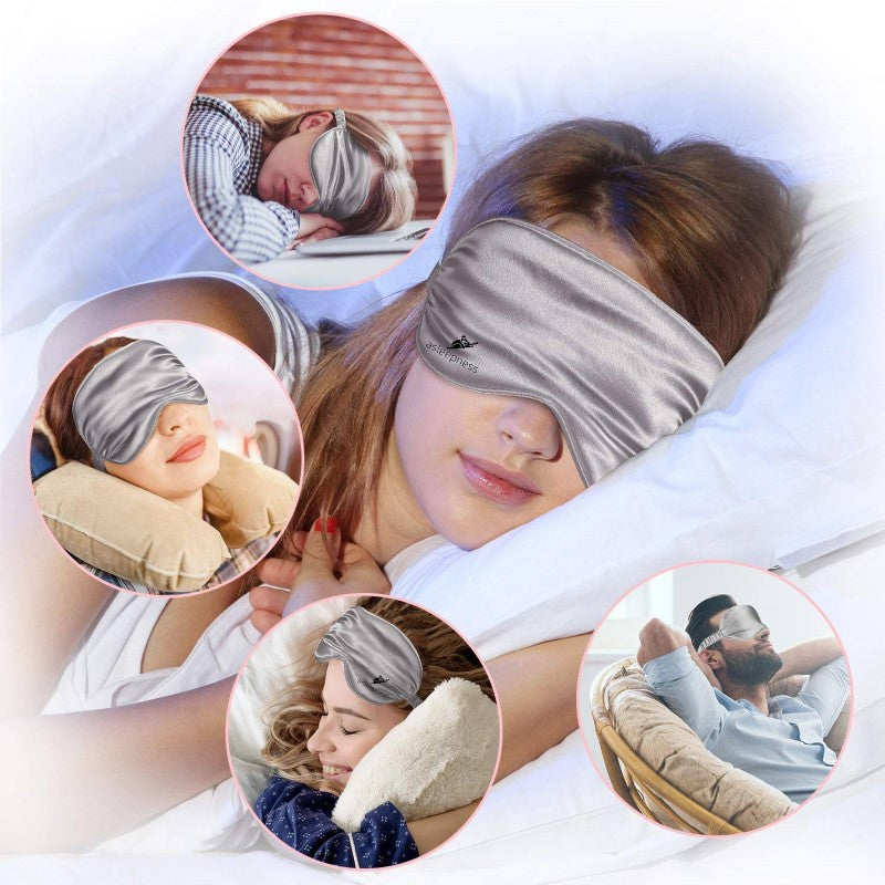 Silver øjenmaske og sovemaske for følsom hud og øjne i 100 procent rent silke og 22 momme A6 kvalitet.