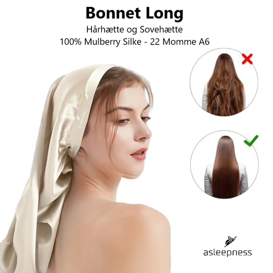 Bonnet Hårhætte og sovehætte i Mulberry Silke i A6 22 Momme farve beige til langt hår