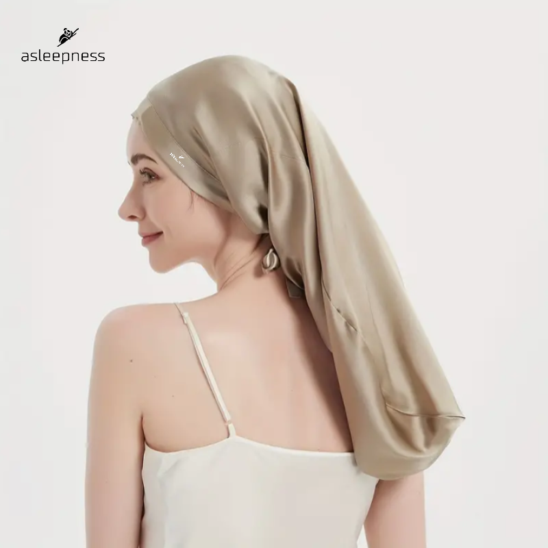 Bonnet Hårhætte og sovehætte i Mulberry Silke i A6 22 Momme farve khaki beige til langt hår
