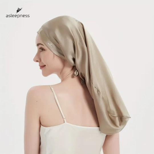 Bonnet Hårhætte og sovehætte i Mulberry Silke i A6 22 Momme farve khaki beige til langt hår