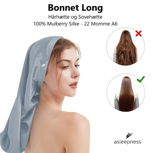 Bonnet Hårhætte og sovehætte i Mulberry Silke i A6 22 Momme farve blå til langt hår
