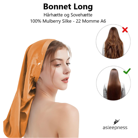 Bonnet Hårhætte og sovehætte i Mulberry Silke i A6 22 Momme farve bronze brun til langt hår