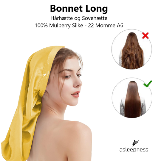 Bonnet Hårhætte og sovehætte i Mulberry Silke i A6 22 Momme farve guld og gul til langt hår