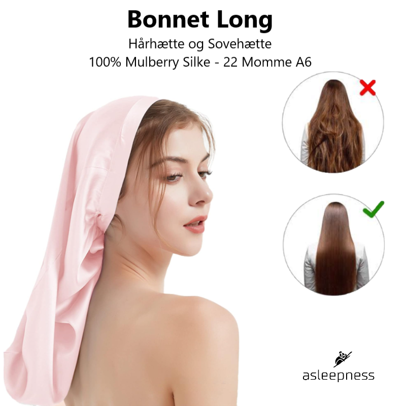 Bonnet Hårhætte og sovehætte i Mulberry Silke i A6 22 Momme farve pink og lyserød til langt hår
