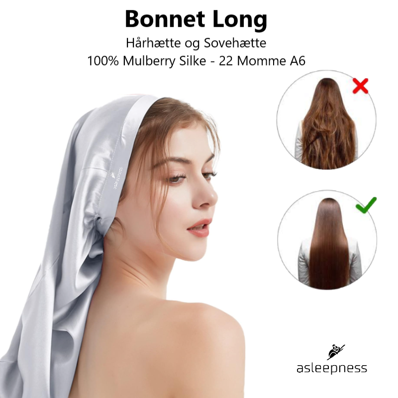 Bonnet Hårhætte og sovehætte i Mulberry Silke i A6 22 Momme farve silver grå til langt hår