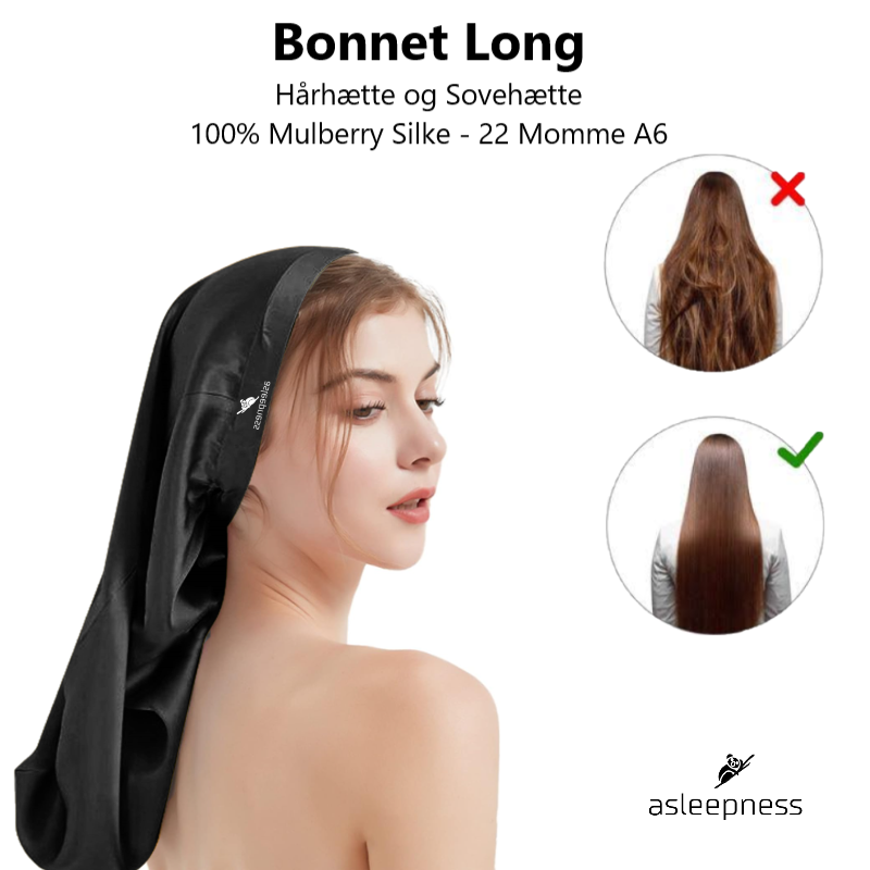 Bonnet Hårhætte og sovehætte i Mulberry Silke i A6 22 Momme farve sort til langt hår