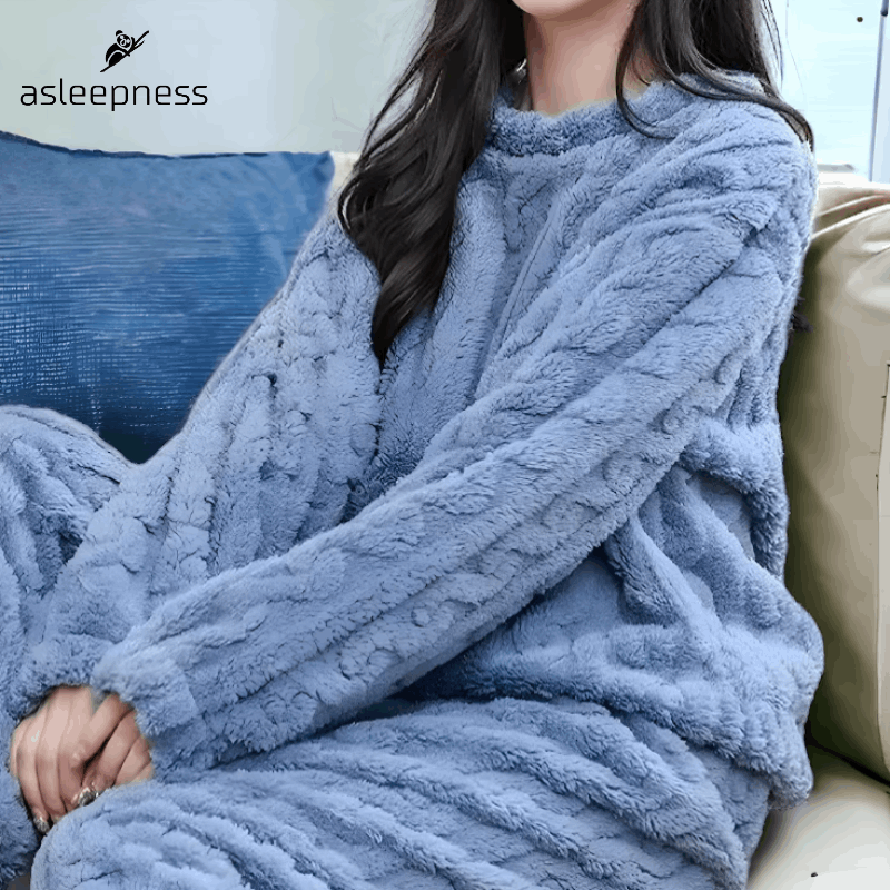 Blå fleece pyjamas sæt, hyggetøj og nattøj i small og medium