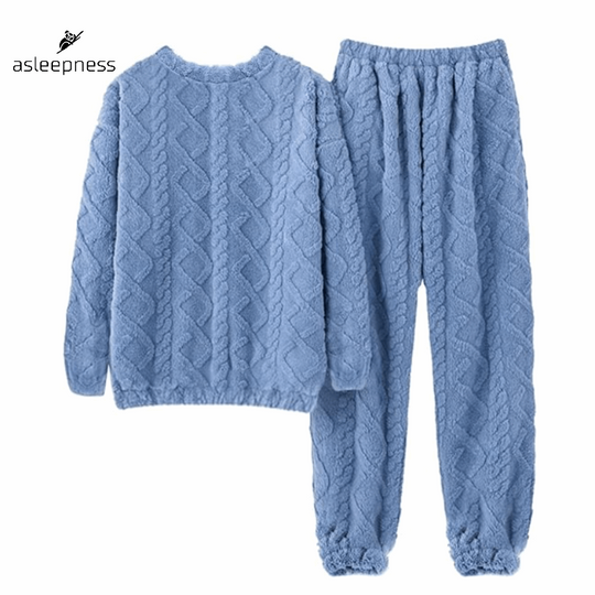 Behagelig blå fleece pyjamas sæt, hyggetøj og nattøj i small og medium