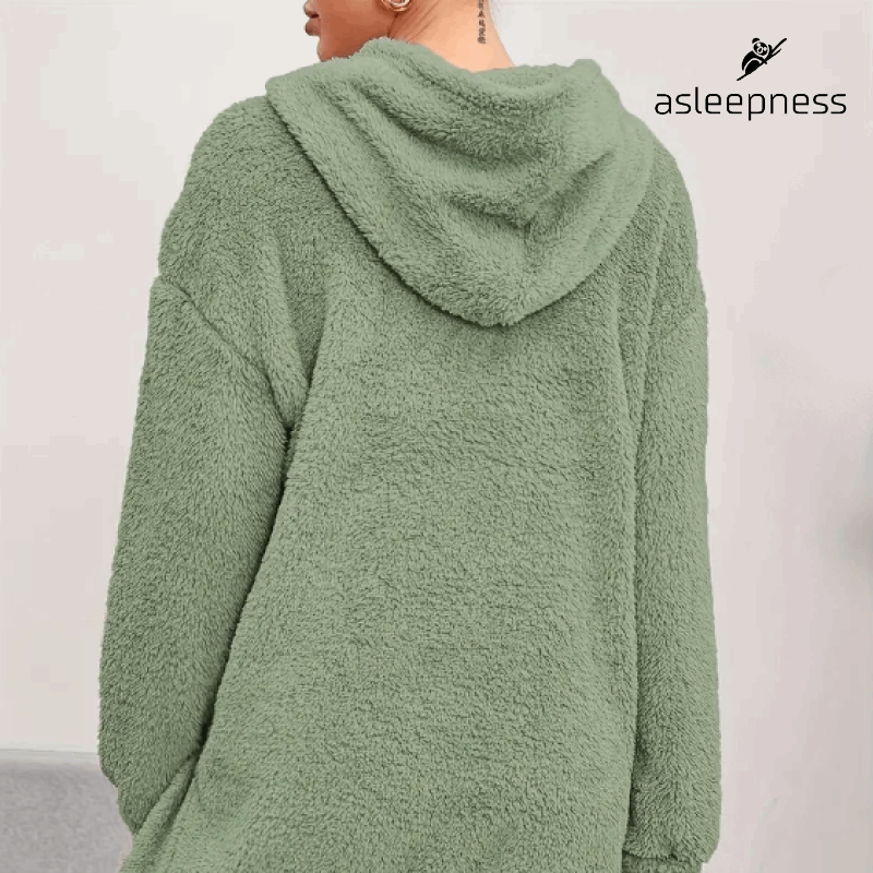 Afslapningstøj Grøn fleece hættetrøje, hyggekjole og nattøj 