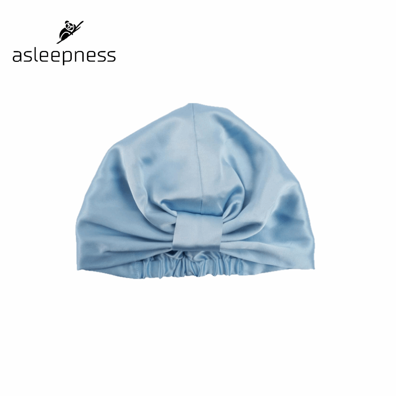 Hårhætte og sovehætte i blå med 100% Mulberry 22 Momme A6 Silkekvalitet med dobbelt elastik
