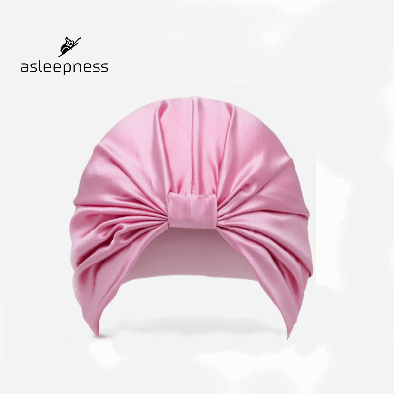 Pink hårhætte og sovehætte i 100% Mulberry 22 Momme A6 Silkekvalitet med dobbelt silkeside og elastik.