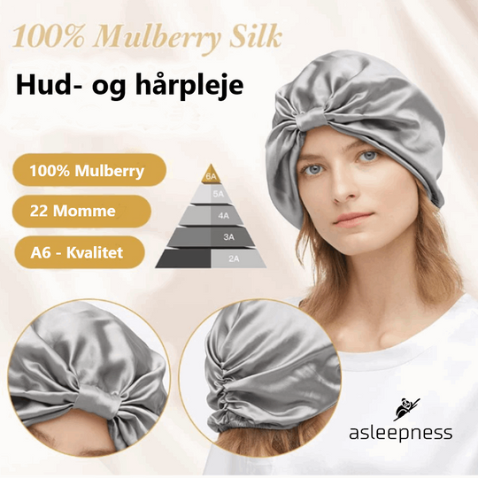 Håndsyet Hårhætte og nathætte i 100% Mulberry 22 Momme A6 silkekvalitet med dobbelt silkeside og elastik