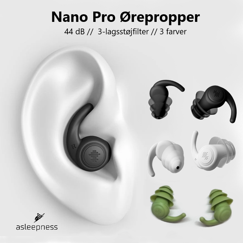 Nano Pro Ørepropper og Høreværn med 3 lag støjfilter på 44 dB i sort, hvid og grøn