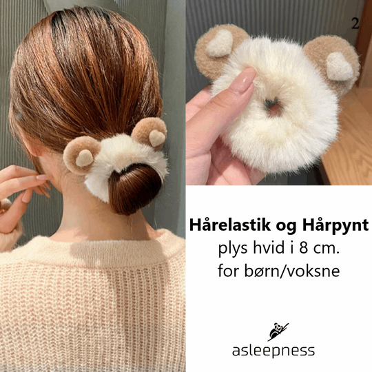 Hårelastik, hårbånd og hårpynt i hvid plys med bamseører